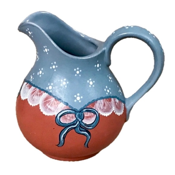 Vintage Other - Handmade Blue Bow Creamer Milk Jug Pottery Americana Rustic Country Farmhouse